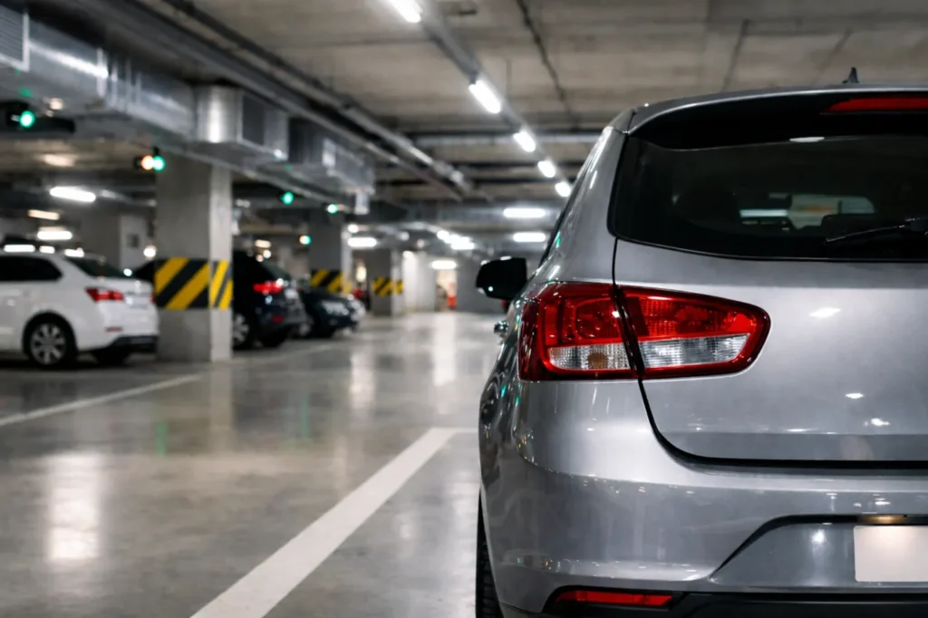 Auto GPL parcheggiata in parcheggio sotterraneo moderno con sistema di ventilazione
