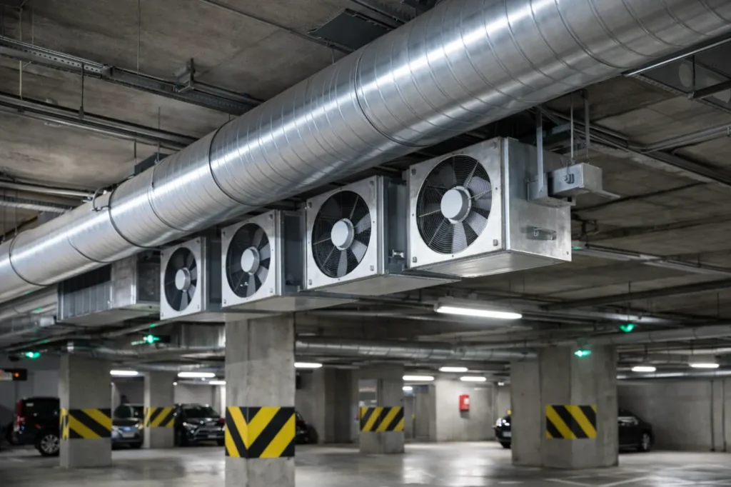 Sistema di ventilazione meccanica installato in parcheggio sotterraneo